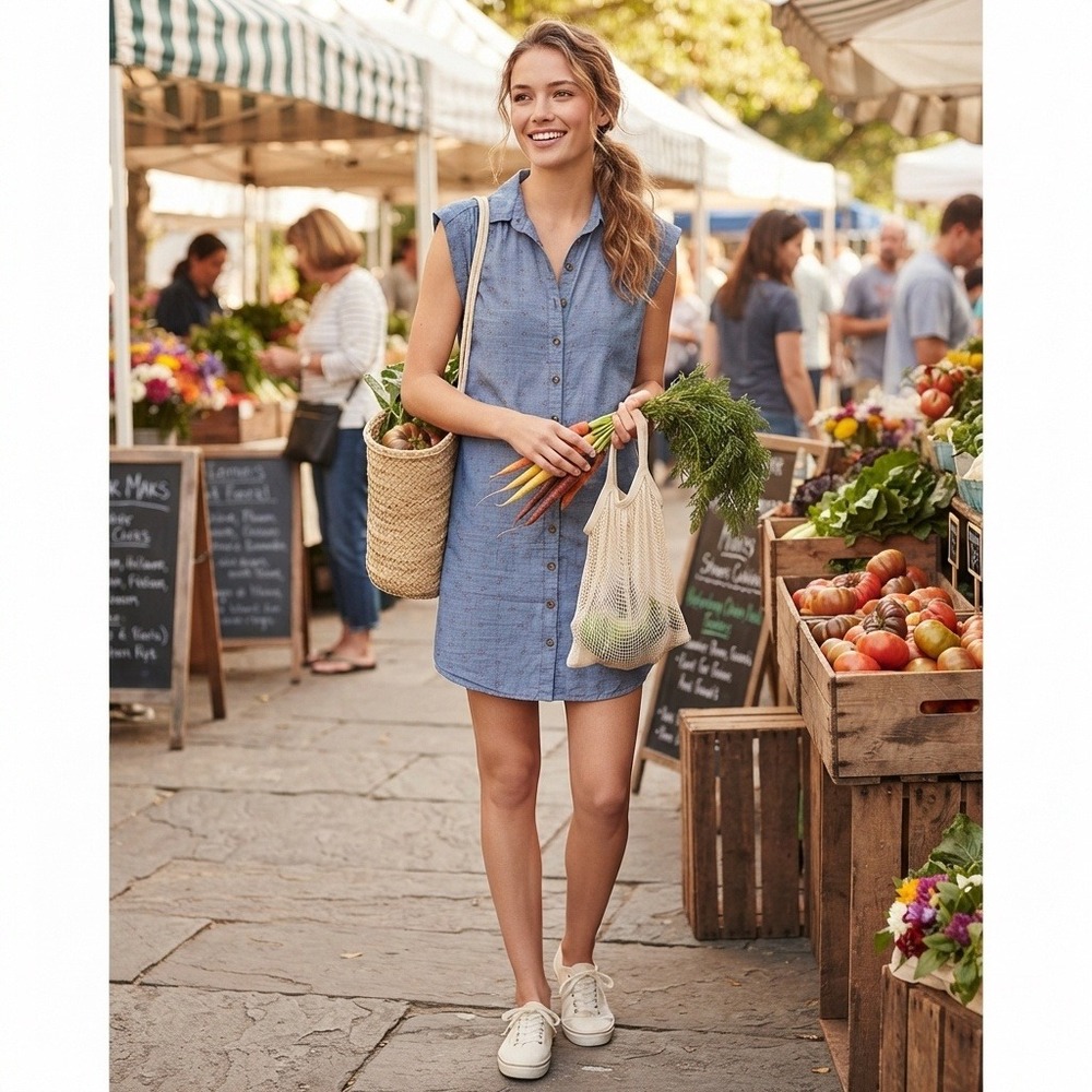 Loft Chambray Mini Shirt Dress Embroidery Details Lined with Slip Dress Blue XSP